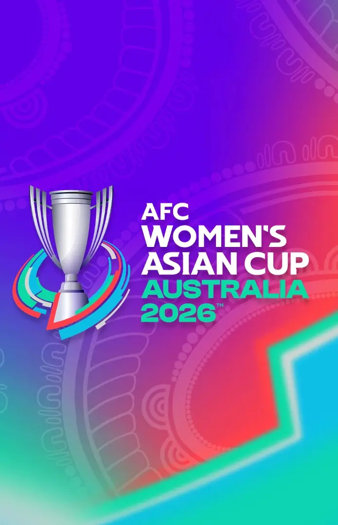 AFC Women's Asian Cup Australia 2026 logo with a trophy image on a colorful gradient background.