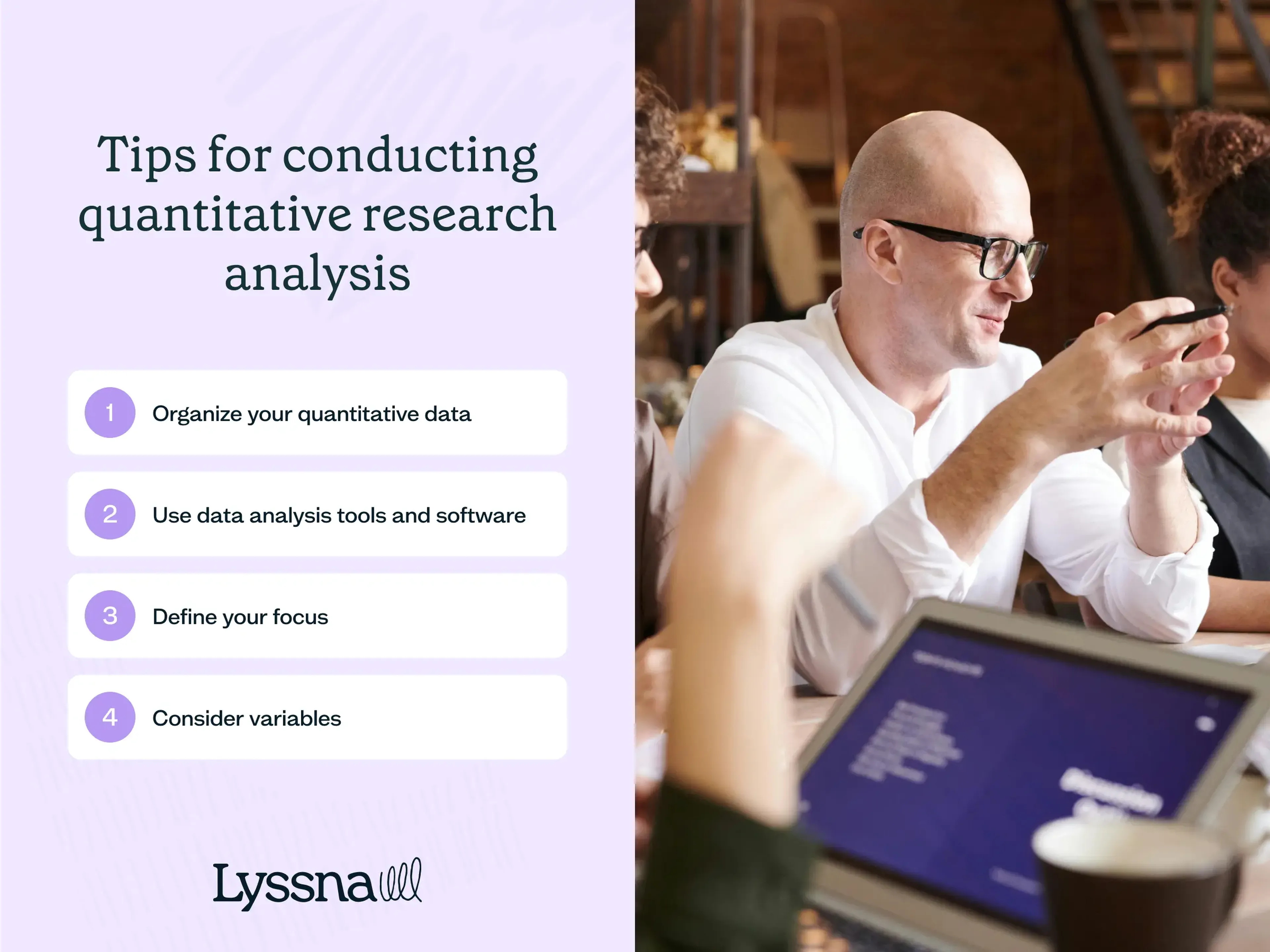 Split image: Left side shows tips for quantitative research analysis; right side shows people discussing around a table with laptops.