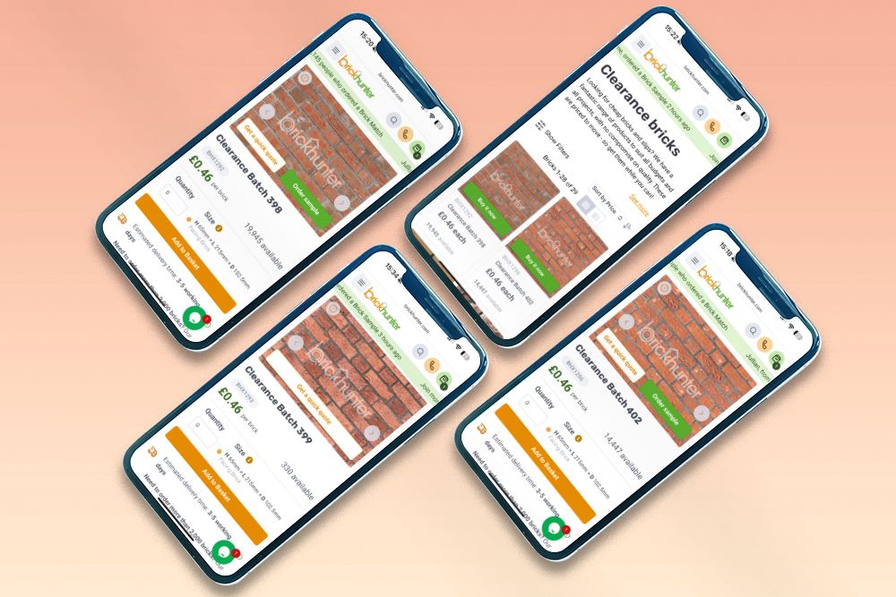 Four mobile phones showing products from Brickhunter's Clearance Bricks range