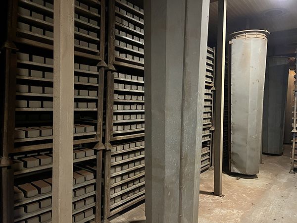 Freshly formed bricks in a factory drying room