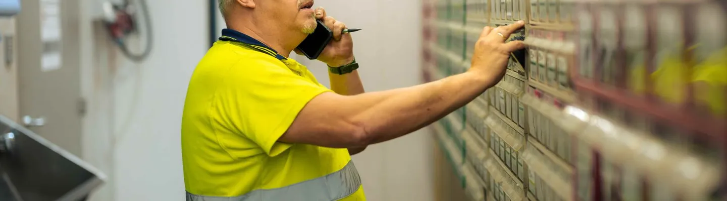 Sarens employee working with control equipment and communicating by phone during crane operations