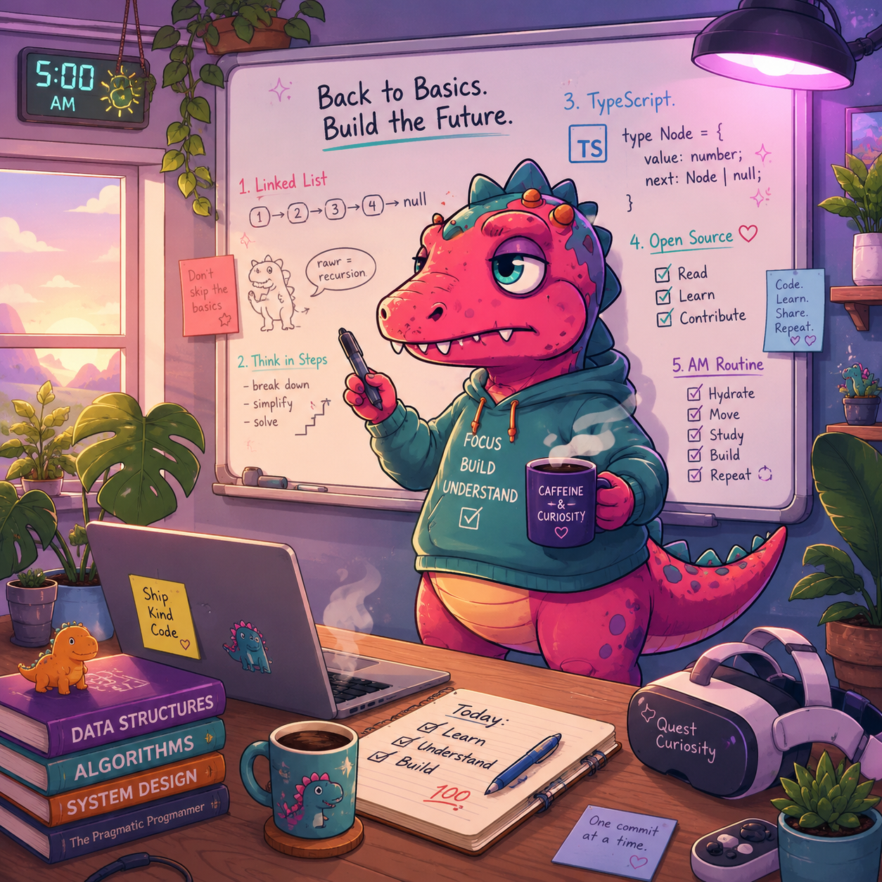 Cute dinosaur wearing a hoodie stands at a desk with coding books, laptop, and a whiteboard featuring programming notes.