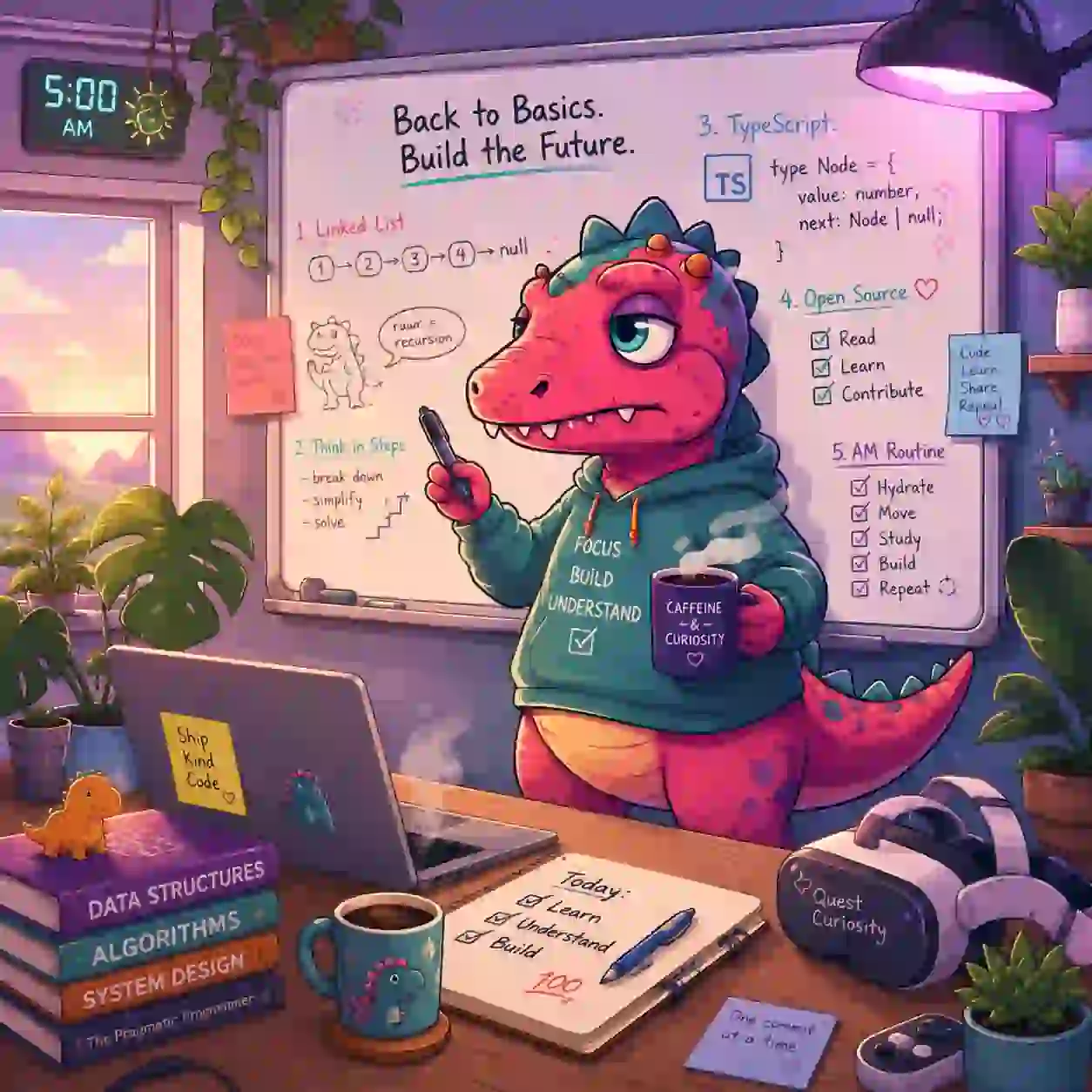 A pink dinosaur in a hoodie studies programming at 5 AM, surrounded by notes, books, and a laptop. A whiteboard displays coding topics.
