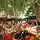 Wochenmarkt im Freien mit buntem Obst und Gemüse in Holzkisten, darunter Tomaten, Paprika, Auberginen und Kürbisse, unter großen, dicht belaubten Bäumen.
