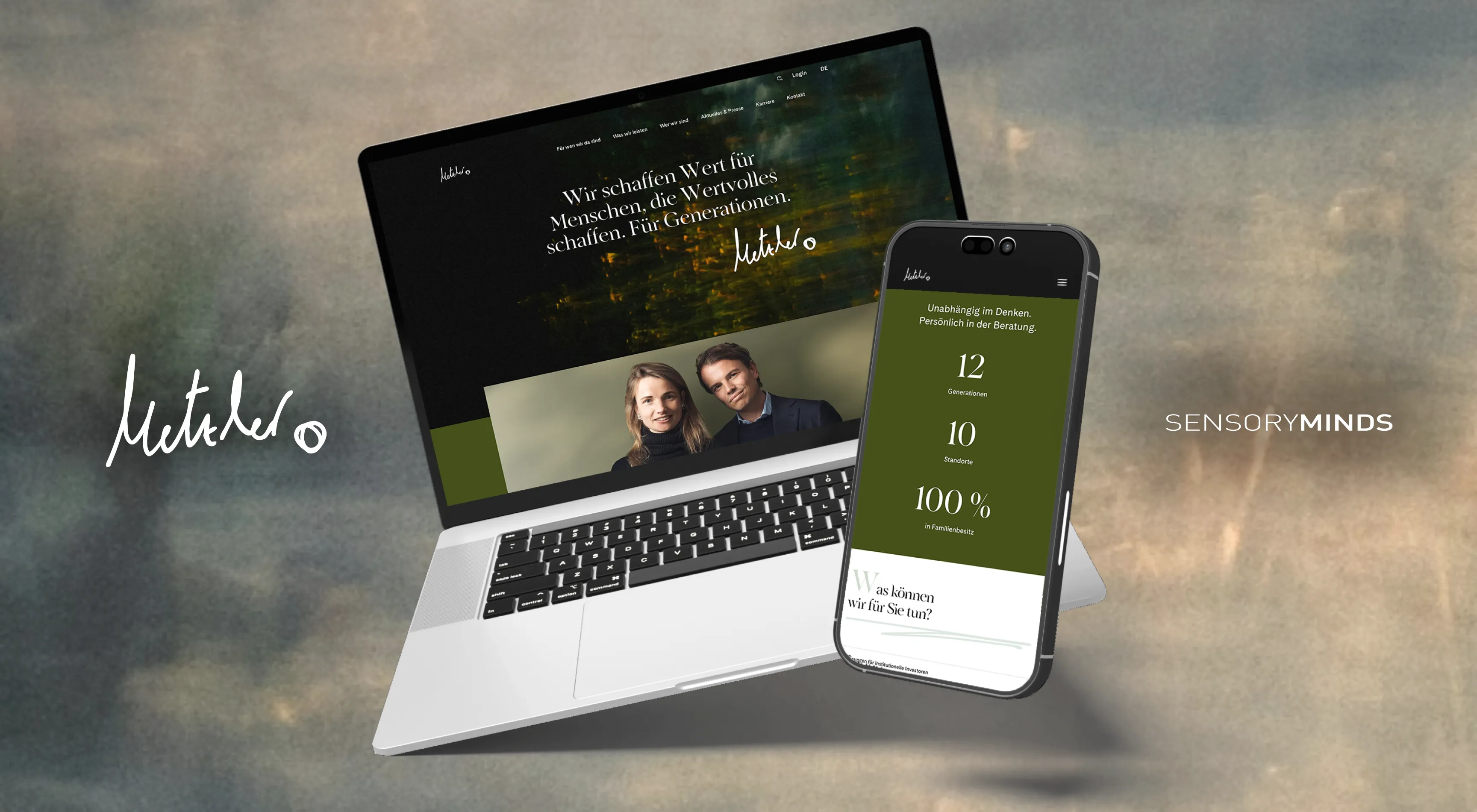Mockup of the Metzler Home Page displayed on a laptop and a phone screen. Metzler logo on the left and sensoryminds logo on the right