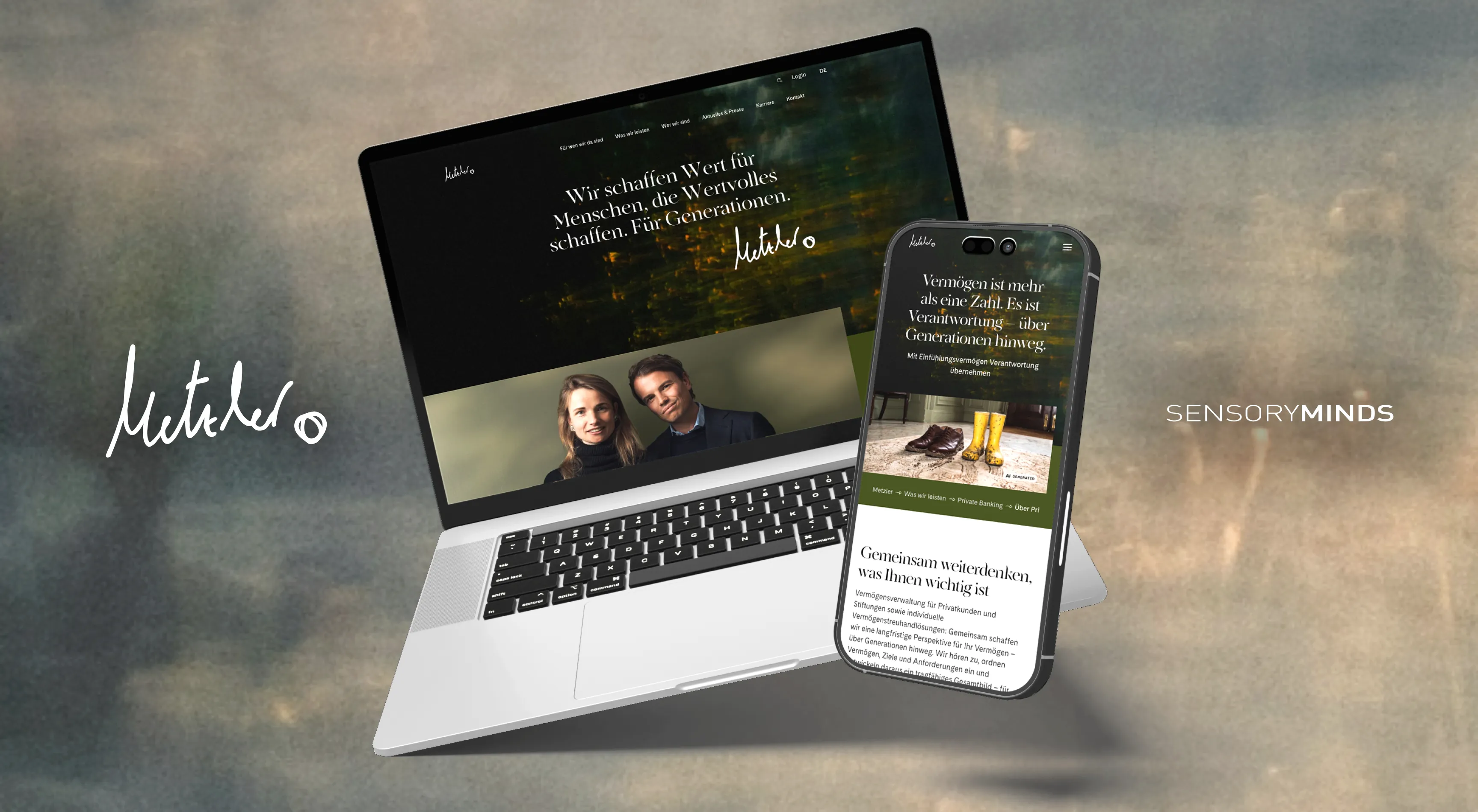 Mockup of the Metzler Home Page displayed on a laptop and a phone screen. Metzler logo on the left and sensoryminds logo on the right