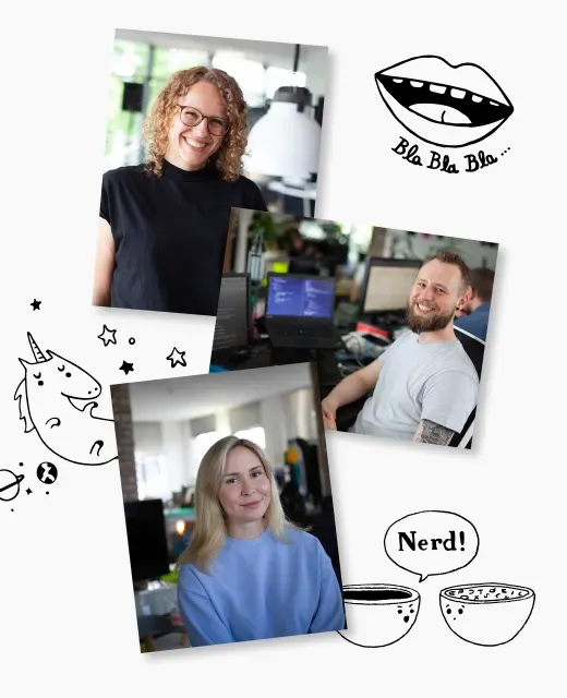 Collage of Sensory employees: project manager, UX designer, frontend developer, and web engineer — shown in a modern office environment.