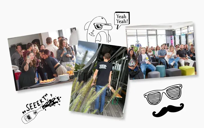 Collage of photos from a company event showing an open, welcoming atmosphere: employees taking selfies at a buffet, colleagues gathered in a large group indoors, and a casual scene on the terrace.