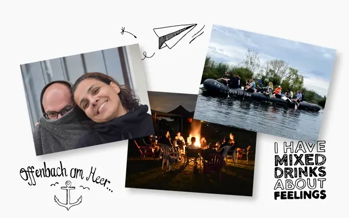 Collage of photos from the company’s annual team event: coworkers bundled up and smiling, a group rafting on the river, and an evening campfire gathering — capturing fun and togetherness.
