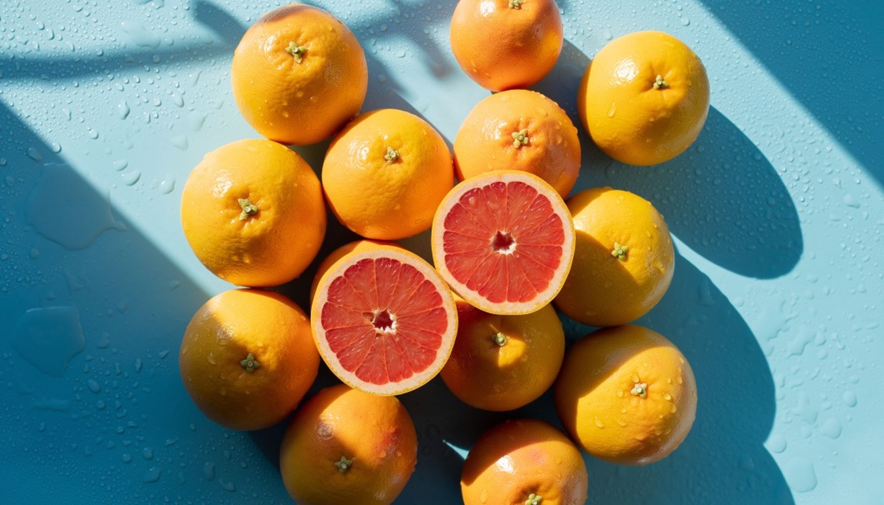 A cluster of whole oranges with two halved grapefruits on a blue surface, casting shadows and glistening with water droplets.