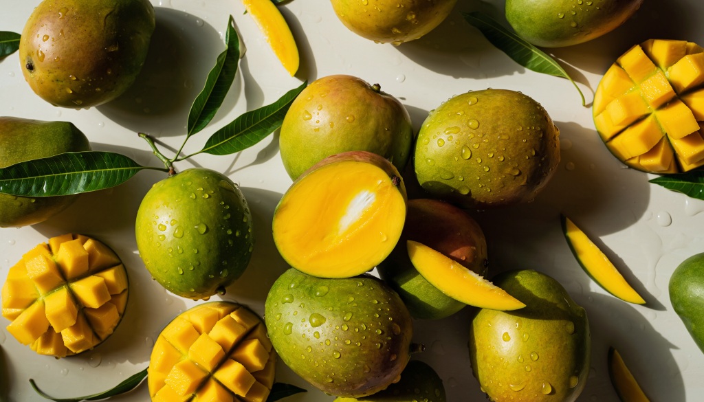 Whole and sliced mangoes with water droplets are scattered on a light surface, accompanied by green leaves and vibrant yellow mango pieces.