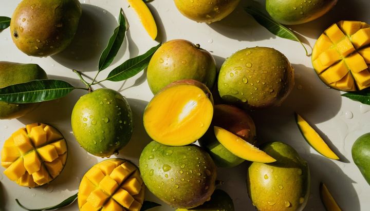 Whole and sliced mangoes with water droplets are scattered on a light surface, accompanied by green leaves and vibrant yellow mango pieces.