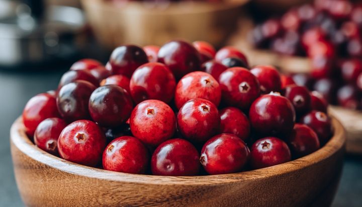A wooden bowl filled with ripe, glossy cranberries on a dark surface. More cranberries are blurred in the background.