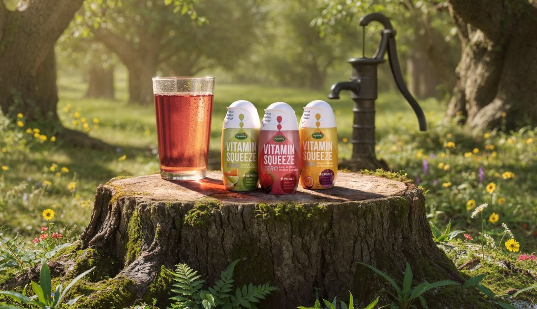 Three Vitamin Squeeze bottles on a tree stump, with a glass of red drink and a vintage water pump in a sunny, flower-filled garden.