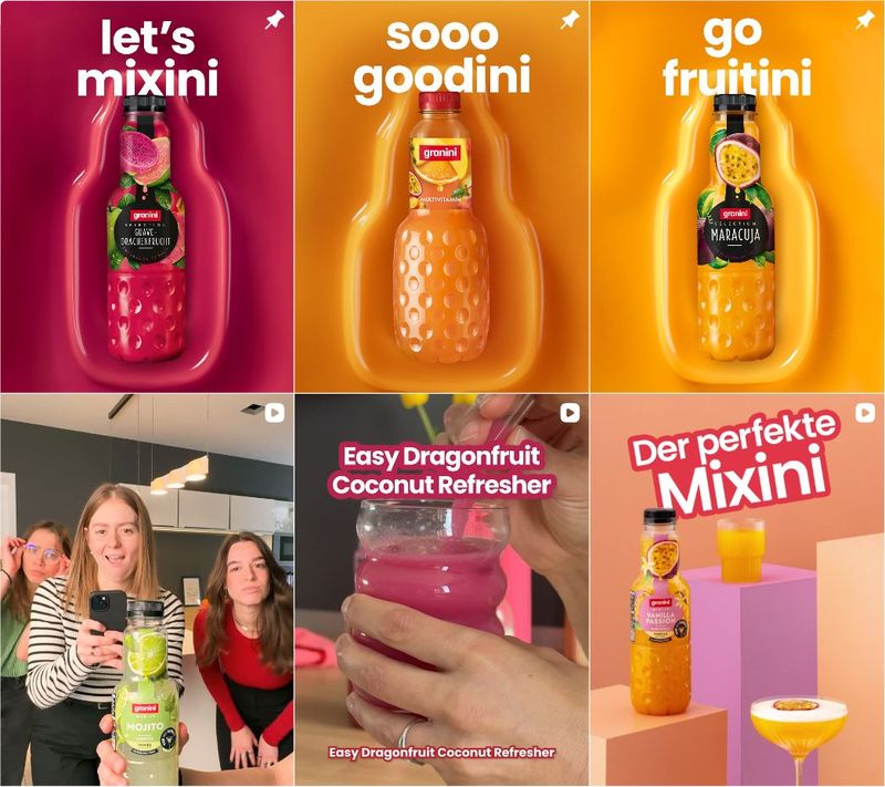 Collage of vibrant Granini Instagram account: juice bottles with phrases like "let's mixini," and "go fruitini." People enjoy the drinks; "Easy Dragonfruit Coconut Refresher."