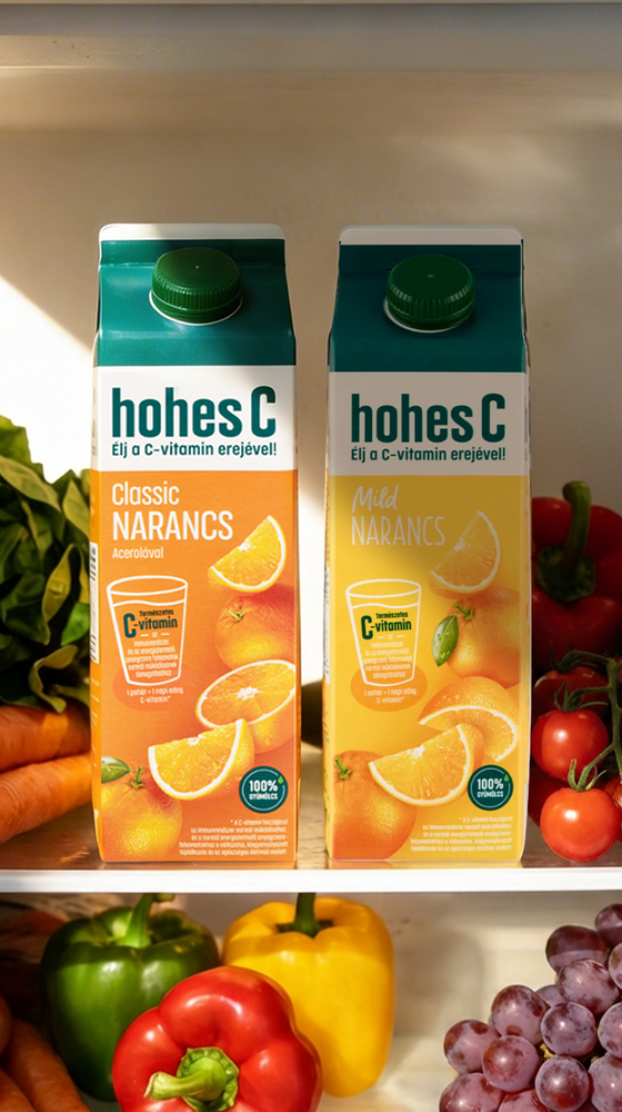 Two cartons of honesC orange juice in a fridge, surrounded by fresh vegetables and fruits like carrots, tomatoes, peppers, and grapes.