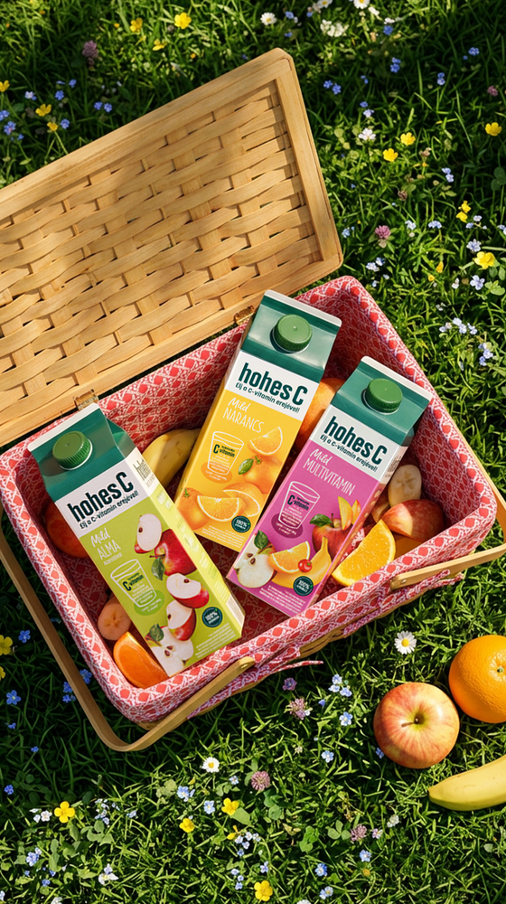Picnic basket on grass with wildflowers, filled with three juice cartons and fruits like oranges, apples, and bananas.