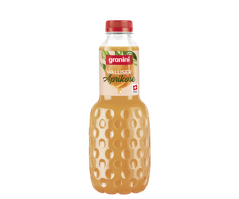 A bottle of Granini Walliser Aprikose juice with a textured surface and a red cap, featuring an apricot label.