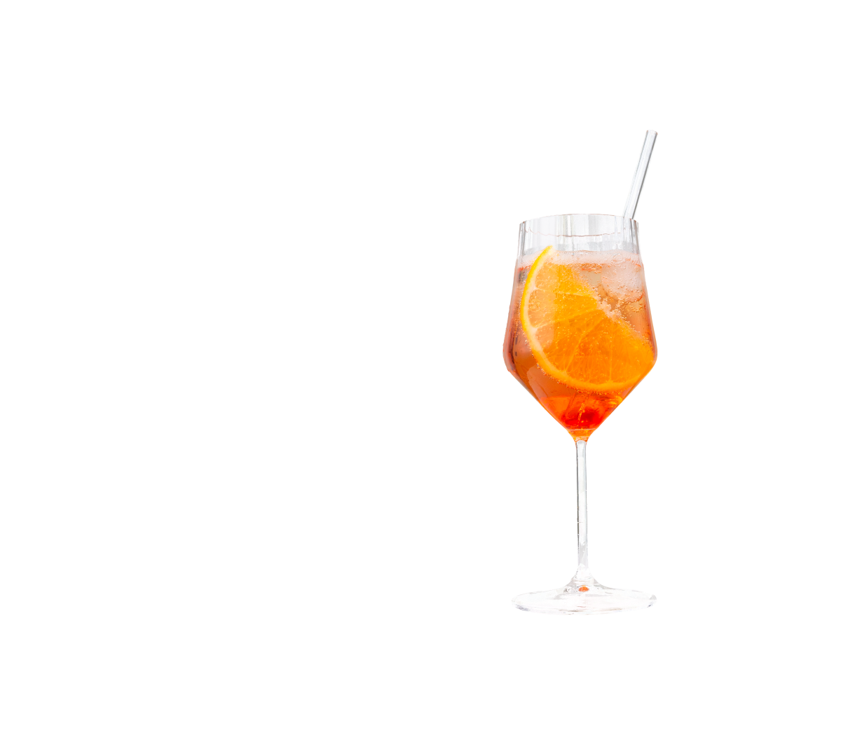 A tall glass of Aperol Spritz with a straw and orange slice garnish, filled with ice, against a transparent background.