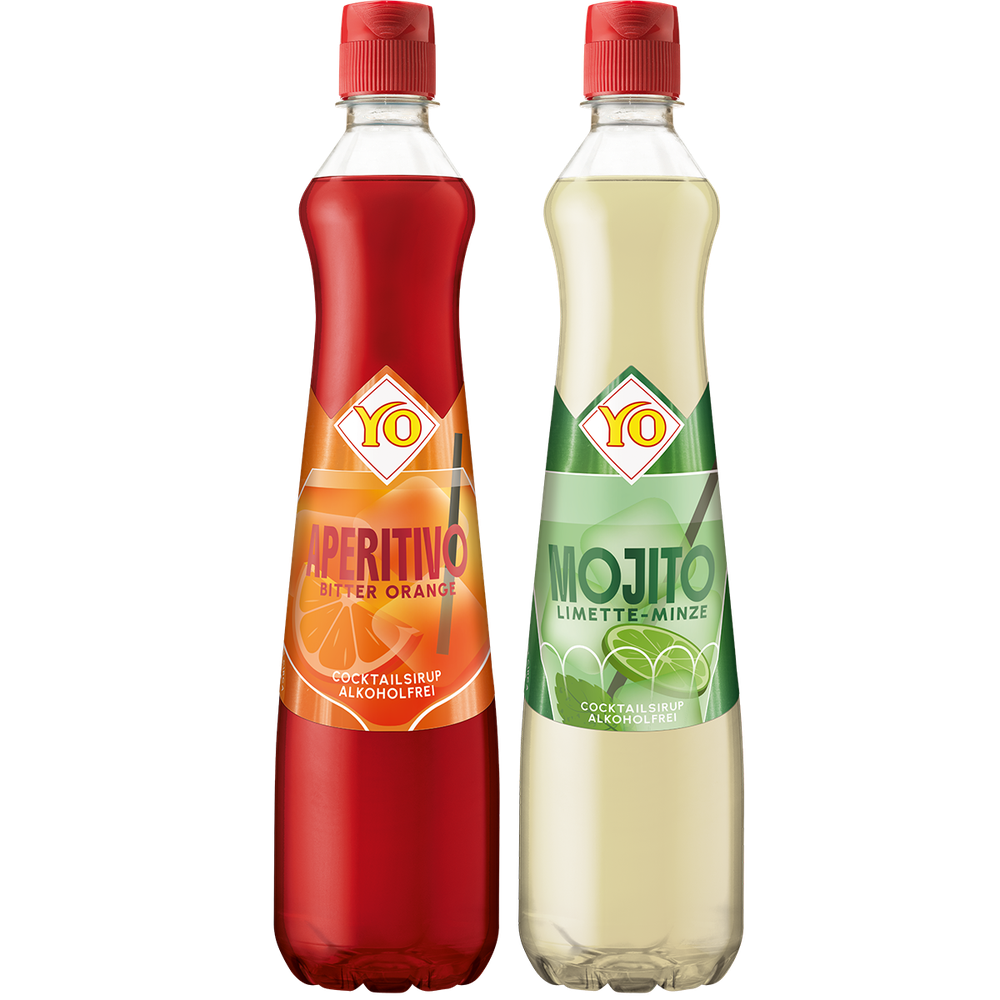 Two bottles of YO cocktail syrup: "Aperitivo Bitter Orange" in red and "Mojito Limette-Minze" in light green, both alcohol-free.