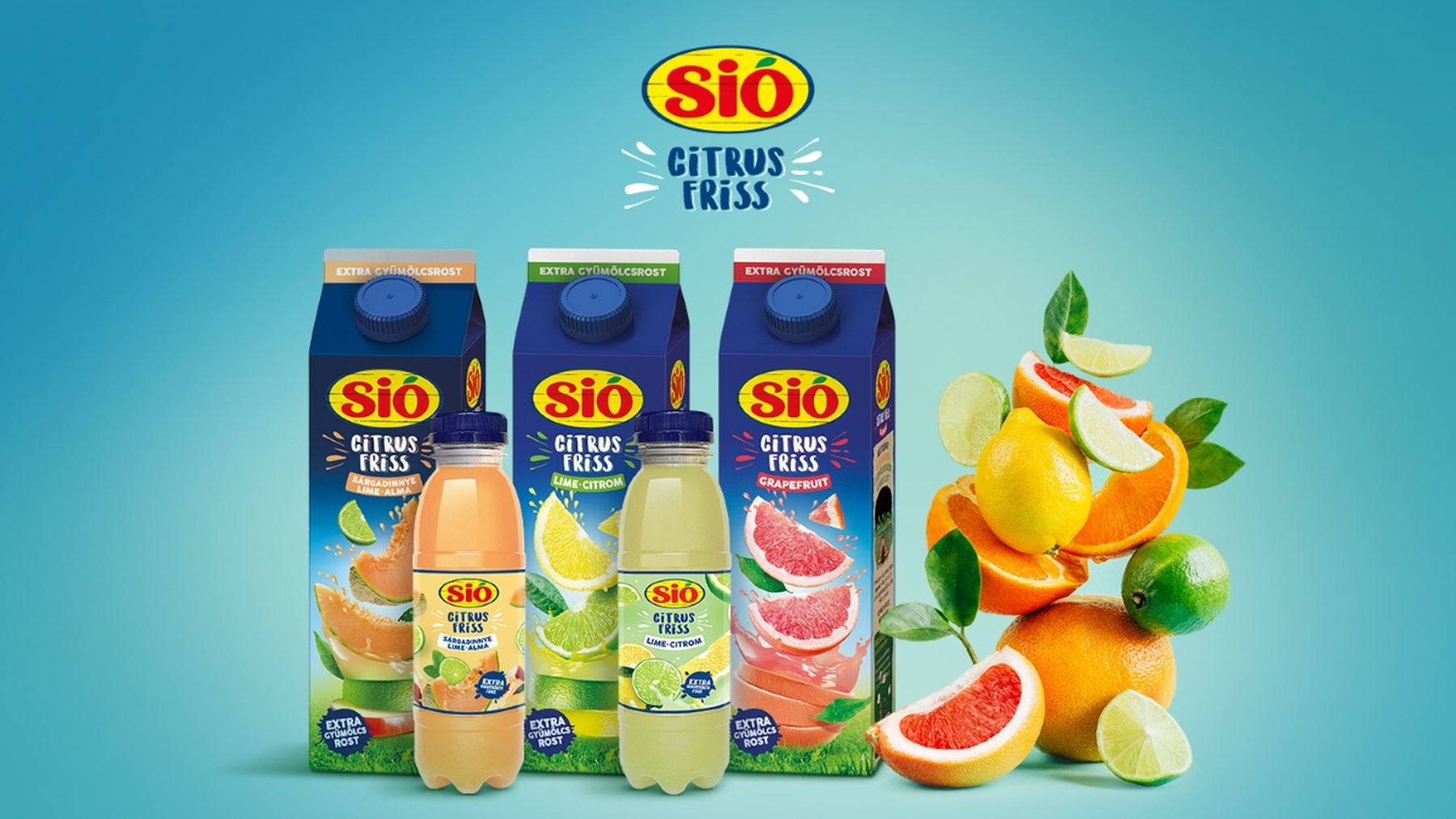 Sió CitrusFriss with grapefruit, orange, and lemon flavors, displayed with fresh citrus fruits on a blue background.