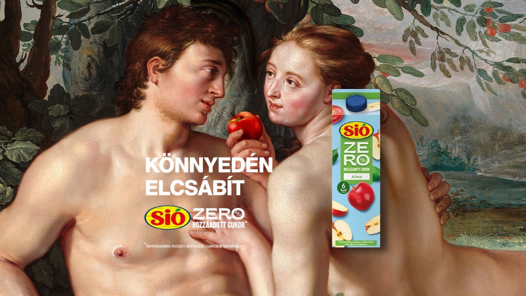 Sió Zero - A classical painting of Adam and Eve holding an apple, with a Sió Zero apple juice carton superimposed on the right. Hungarian text present.