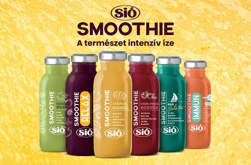 Six Sió smoothie bottles on a yellow background, each with different flavors and labels, showcasing vibrant packaging.
