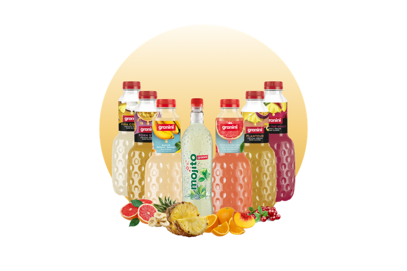 Assorted Granini fruit beverages and a Mojito bottle, surrounded by fresh fruits like grapefruit, pineapple, and oranges, on a gradient background.