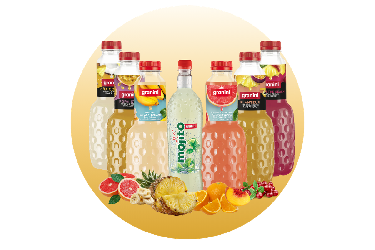 Assorted Granini drinks with red caps, featuring flavors like banana, grapefruit, and mojito, surrounded by fruit illustrations.