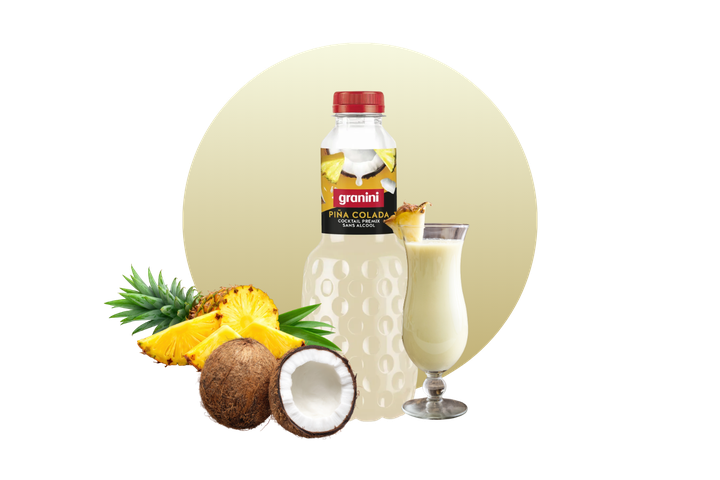 Granini Piña Colada bottle with pineapples, coconuts, and a glass of piña colada on a yellow background.