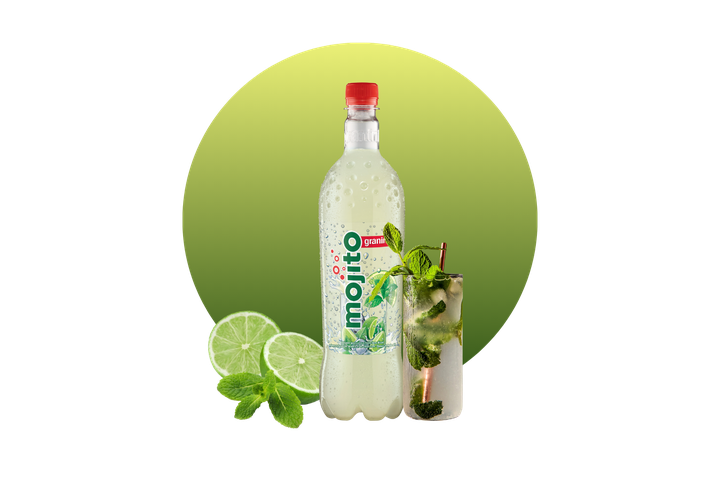 Bottle of mojito drink with mint and lime slices, alongside a glass of mojito cocktail, set against a gradient green background.