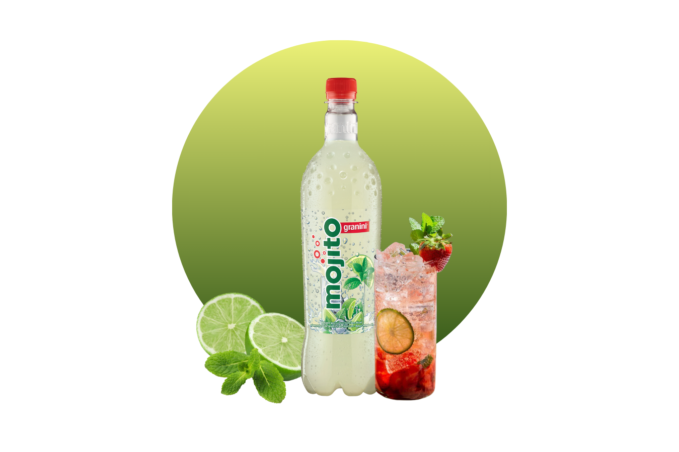 A bottle of Granini mojito mix, with sliced limes and mint leaves, next to a glass with ice, lime, strawberry, and mint on a green gradient background.