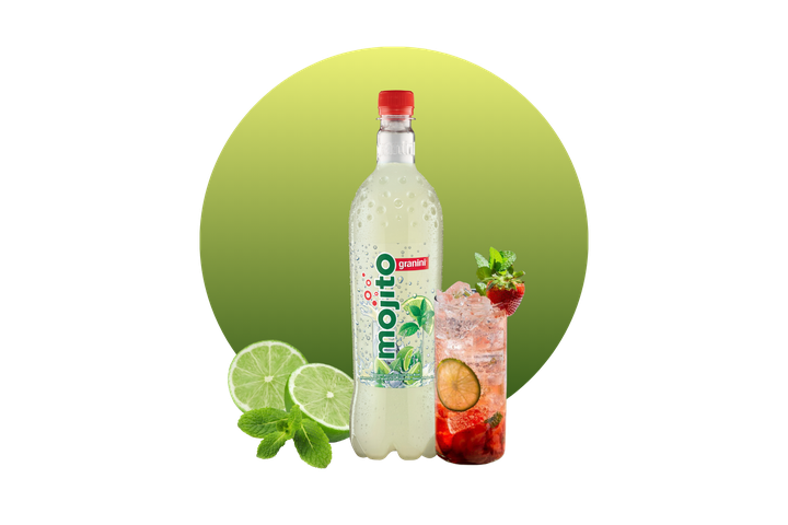 A bottle of Granini mojito mix, with sliced limes and mint leaves, next to a glass with ice, lime, strawberry, and mint on a green gradient background.