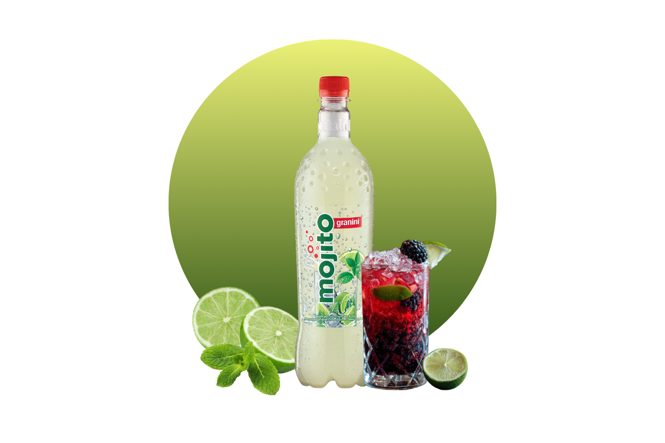 Bottle of Mojito drink with mint, lime slices, and a red cocktail with ice and blackberry, set against a green gradient background.