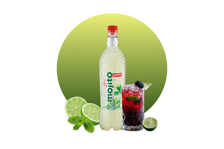 Bottle of Mojito drink with mint, lime slices, and a red cocktail with ice and blackberry, set against a green gradient background.