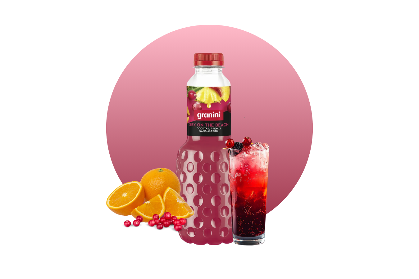 A bottle of Granini "Sex on the Beach" non-alcoholic cocktail, surrounded by oranges and berries, next to a pink cocktail on ice.
