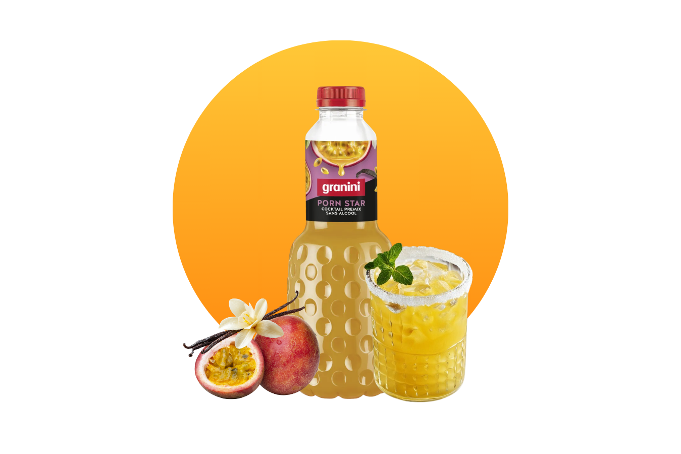 Grainy bottle of passion fruit-flavored premix with a cocktail glass, vanilla flower, and passion fruit, set against an orange background.
