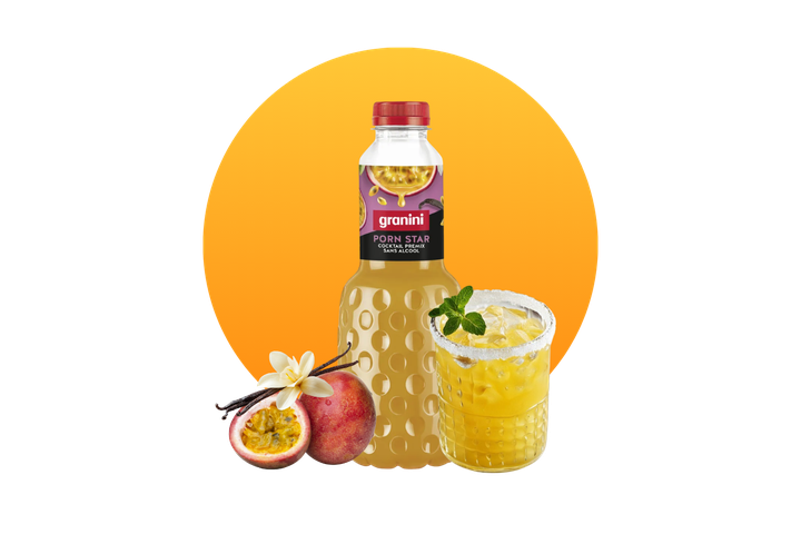 Grainy bottle of passion fruit-flavored premix with a cocktail glass, vanilla flower, and passion fruit, set against an orange background.