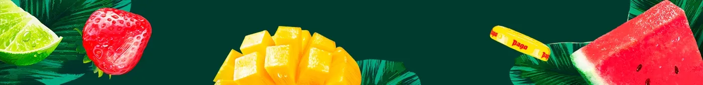 Illustrations de fruits (citron vert, fraise, mangue et pastèque) et capsule bouteille Pago sur un fond vert tropical.