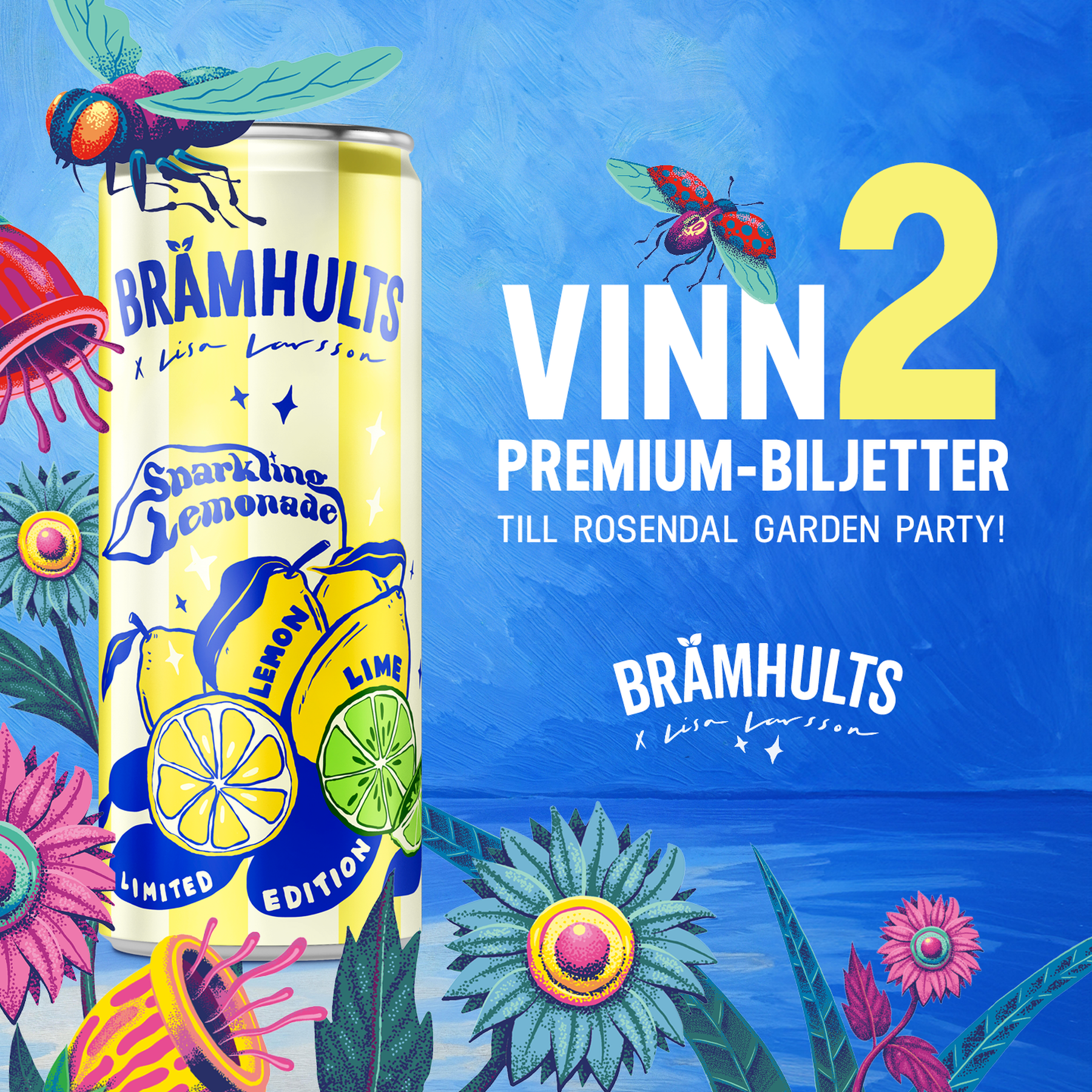 Brämhults limited edition lemon-lime sparkling lemonade can, surrounded by colorful flowers and insects on a blue background.