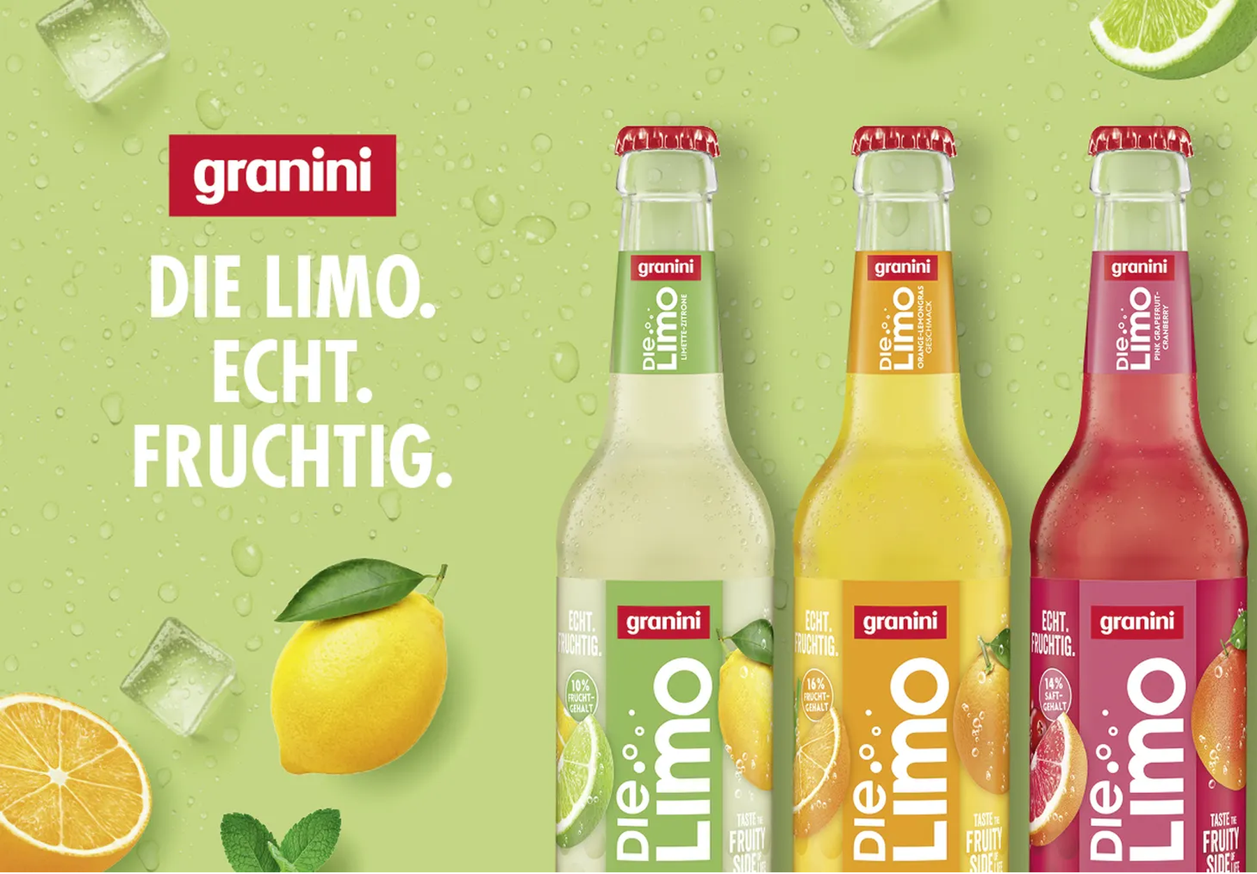 Three Granini Die Limo bottles with lime, orange, and berry flavors on a green background with fruit and ice, featuring the text "Echt. Fruchtig."