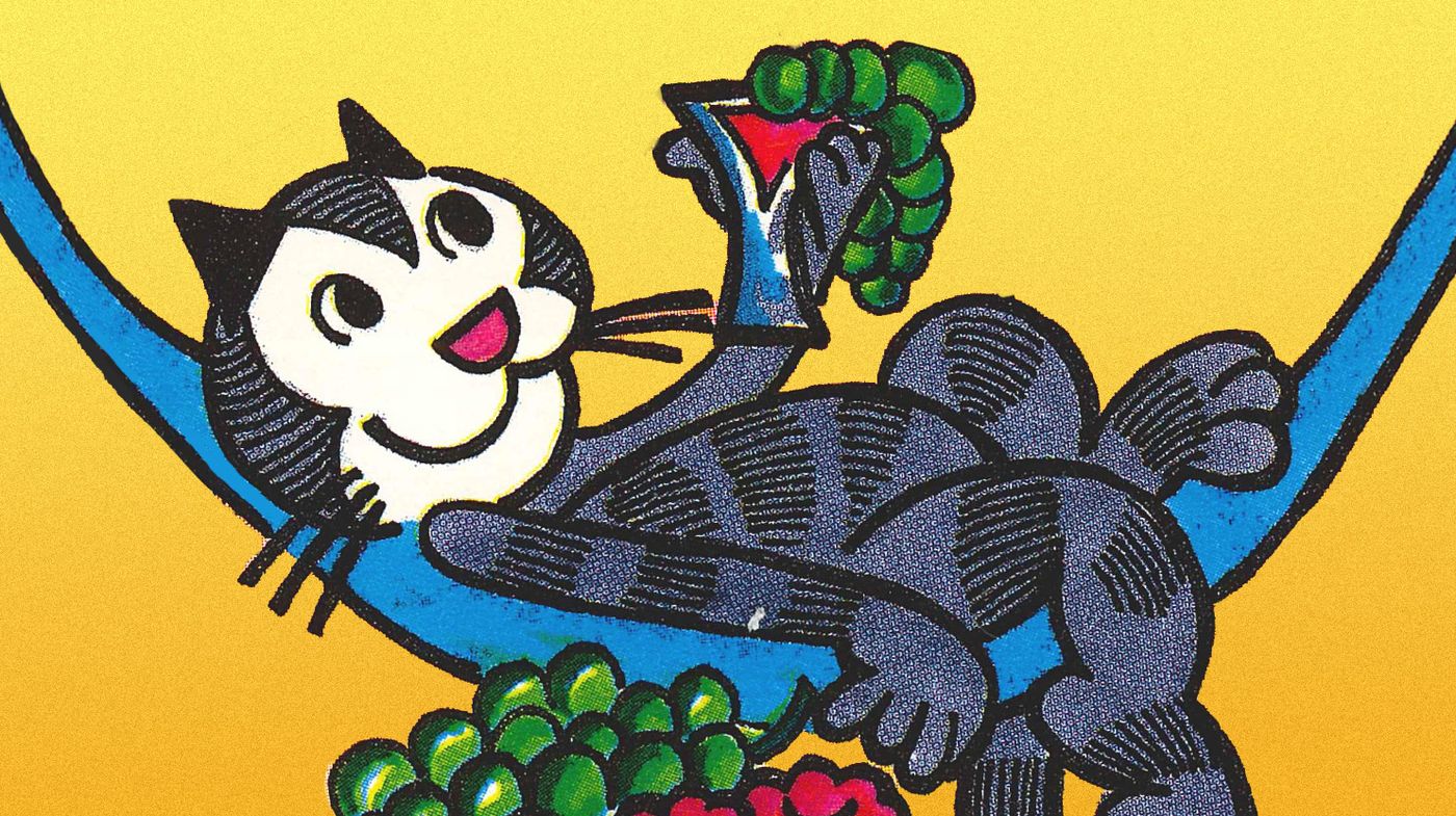 Cartoon cat lounging in a blue hammock, holding a drink and surrounded by grapes, against a yellow background.