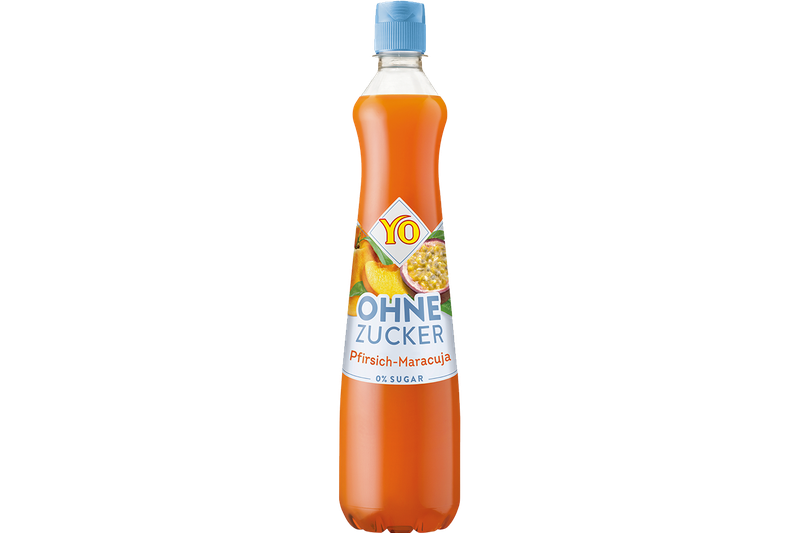 A tall bottle of sugar-free peach and passion fruit flavored beverage with a blue cap and vibrant orange liquid, labeled "YO OHNE ZUCKER Pfirsich-Maracuja."