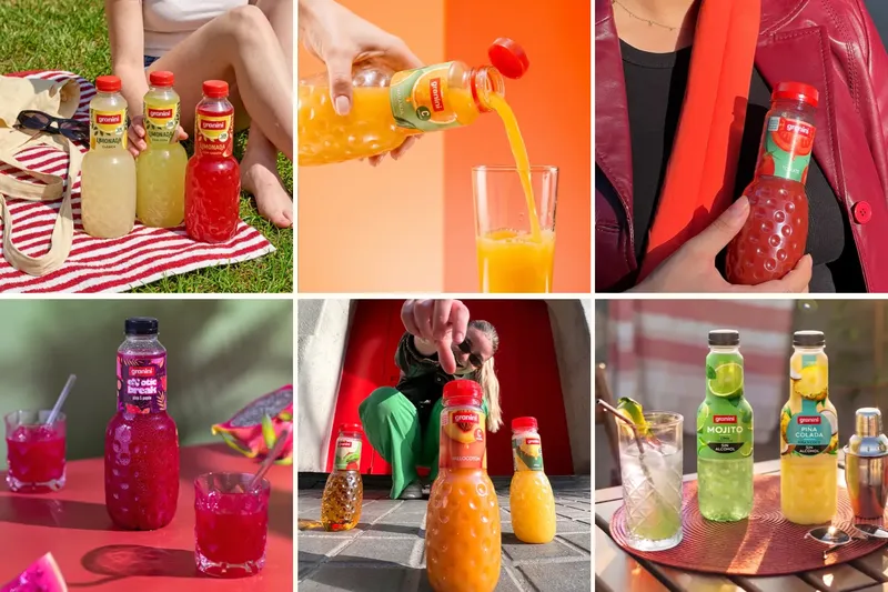 Collage de bebidas granini, que incluye limonadas, naranja y tomate Clásicos, Exotic Break y Mocktails mojito y piña colada sin alcohol, en diferentes ambientes.