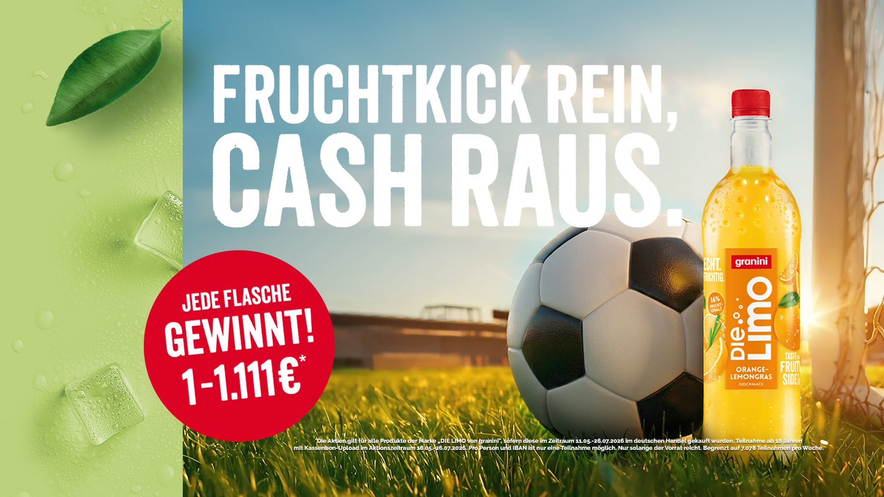 A bottle of Granini Die Limo orange-lemon drink next to a soccer ball on grass, with German text promoting a cash prize offer.