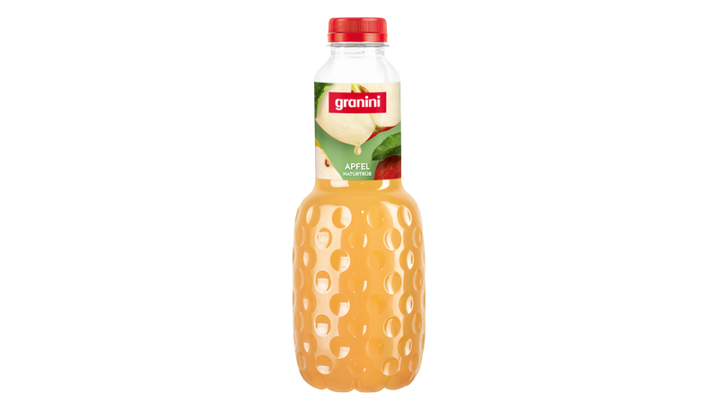 Clear bottle of Granini apple juice with a red cap, dotted texture, and label showing apple slices.