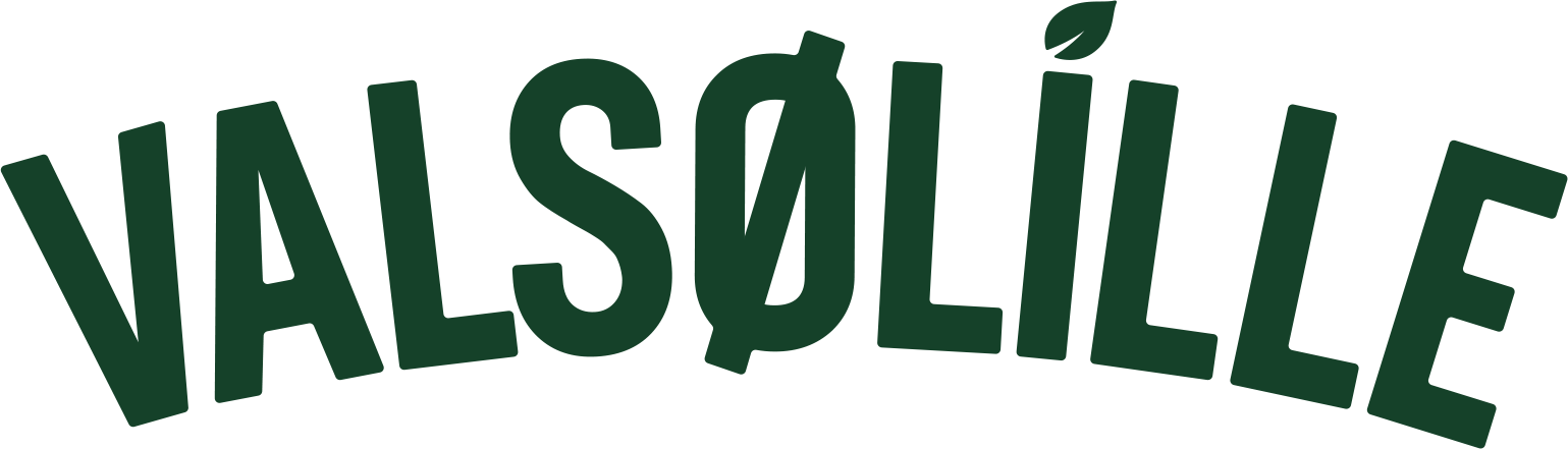 Text logo: "VALSØLILLE" in dark green, with a leaf accent on the "Ø," conveying a natural or organic theme.