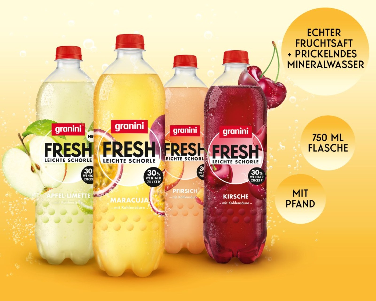 granini Fresh neue Sorte Leichte Schorle Four Granini Fresh bottles in apple-lime, passionfruit, and cherry flavors, with text highlighting fruit juice, mineral water, and 750 ml size.
