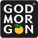 "God Morgon" logo with bold white text on black background and a yellow fruit with green leaves representing the letter 'O'.