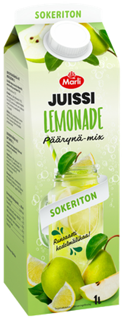 Carton of Marli Juissi Lemonade Päärynä-mix, featuring images of lemons and pears. Labeled "Sokeriton" indicating it's sugar-free.